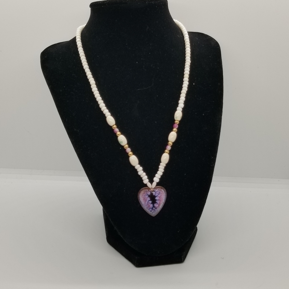 white beaded necklace with purple enamel heart artisan handmade